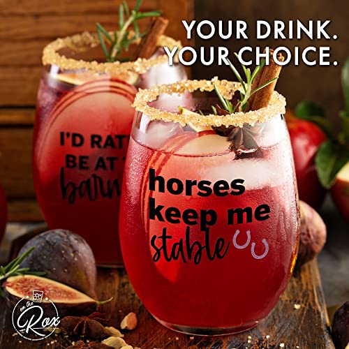 Horse Gifts for Horse Lovers - “Horses Keep Me Stable” “I’d Rather Be At The Barn” 17Oz 2PC Stemless Wine Glass Set, Colored - Funny Horse Gifts For Women - Horse Cup/Tumbler for Horse Lovers