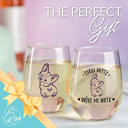 Corgi Gifts for Corgi Lovers - "Corgi B*tts Drive Me Nuts" Colored Stemless Wine Glass Set of 2 - Corgi Tumbler, Corgi Decor, Corgi Stuff - Corgi Wine Glass by On The Rox Drinks