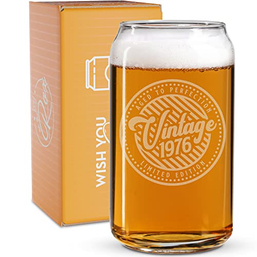 Aged to Perfection 1976 Birthday Gifts - 46th Birthday Gifts for Women Men Born in 1976 - 16 Oz Engraved Vintage Beer Can Glass - For 46 Year Old - Back in the Day 1976 Bday Card and Candy Decorations