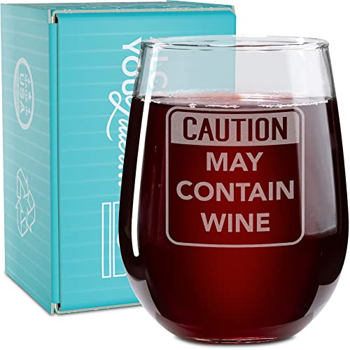 On The Rox Drinks Wine Gifts for Mom - 17 Oz Caution: May Contain Wine Engraved Stemless Wine Glass