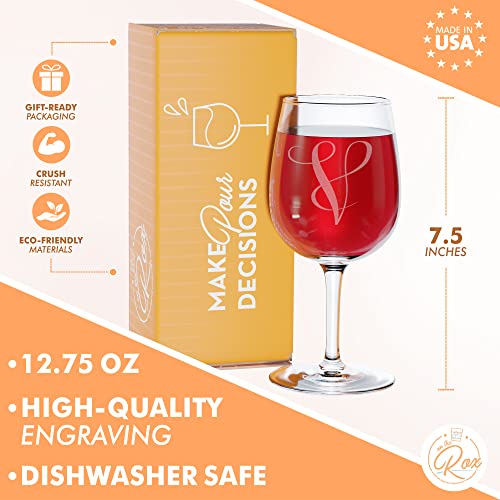On The Rox Drinks Monogrammed Gifts for Women - A-Z Personalized Wine Glasses Engraved- 12.75 Oz (V)