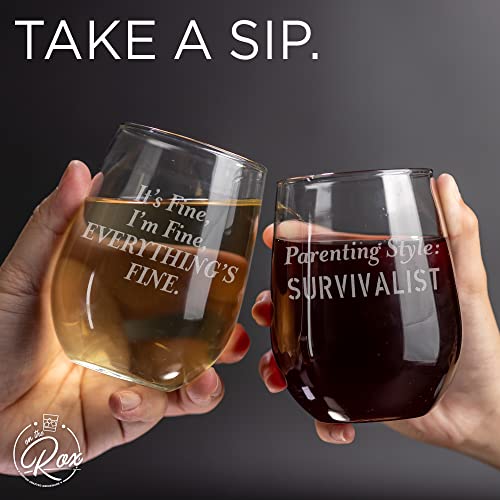 On The Rox Drinks Wine Gifts for Moms - 17oz Everything's Fine and Survivalist Stemless Wine Glass Set of 2