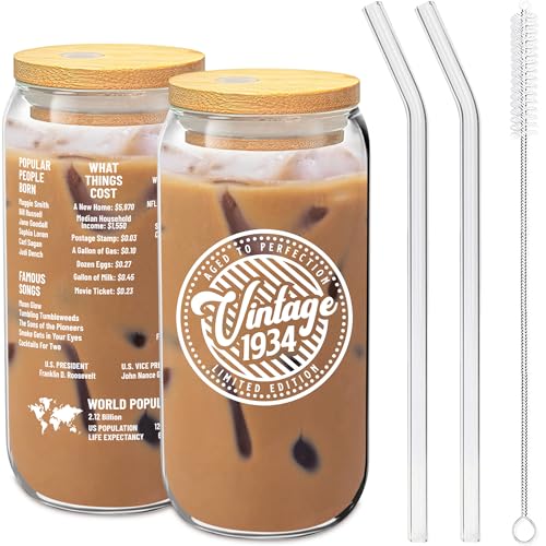 90th Birthday Gifts For Women - Vintage 1934 Soda Can Glass 20oz  w/ Bamboo Lid & Glass Straw Set - Aesthetic Birthday Gift