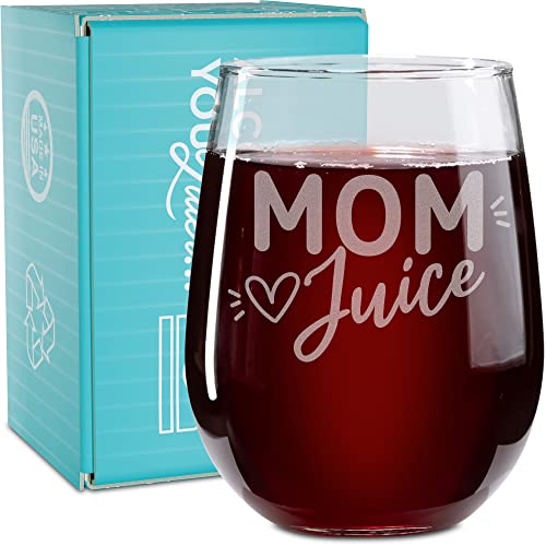 On The Rox Drinks Wine Gifts for Mom- 17Oz “Mom Juice” Engraved Stemless Wine Glass