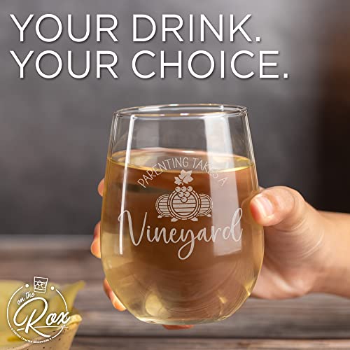 On The Rox Drinks Wine Gifts for Mom- 17Oz “Parenting Takes A Vineyard” Engraved Stemless Wine Glass