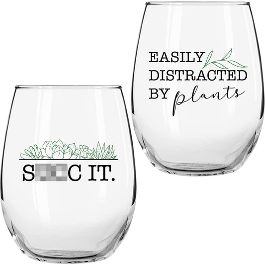 On The Rox Drinks Plant Lady Succulent Cactus Gifts for Women- Set of 2 Funny Wine Glasses 15oz (Easily Distracted by Plants - Succ It) - Printed
