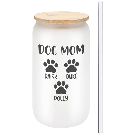 Personalized Dog Mom Gifts For Women - Custom 16oz Frosted Beer Can Glass With Dog Names - Dog Mom Gifts for Mother’s Day, Birthday Gift for Fur Mama  - 1PC With Bamboo Lid And Straw
