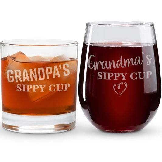 On The Rox Drinks Grandma and Grandpa Gifts -  17oz Grandma's and 11oz Grandpa's Sippy Cups, Set of 2- Gift Wine and Whiskey Glasses - Gift Ideas for First-Time Grandmother or New Grandparents