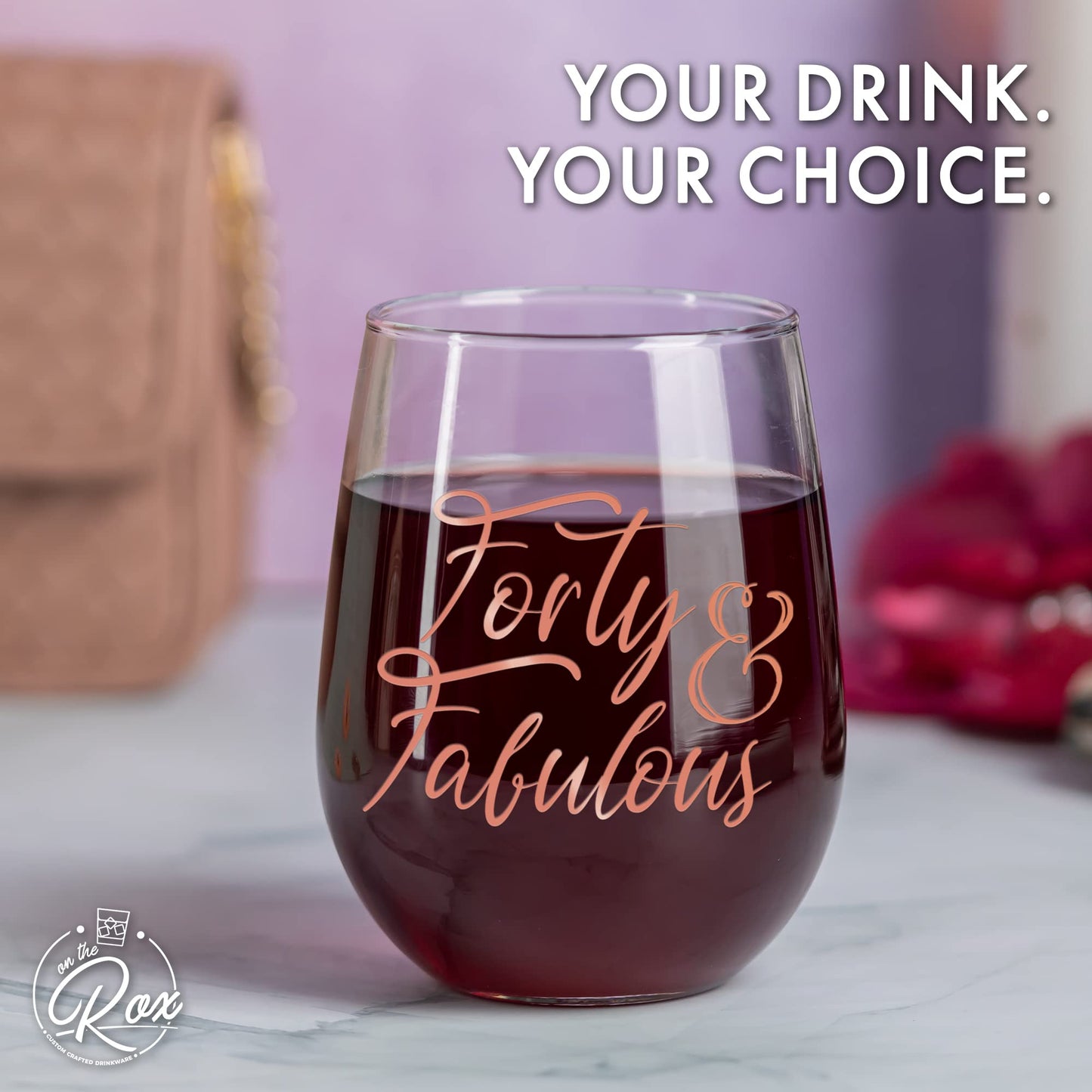 On The Rox Drinks 40th Birthday Gift for Women - 40 & Fabulous- 40 Year Old Wine Glass Birthday Gift- Rose Gold Print Ideal for Women - 17 oz