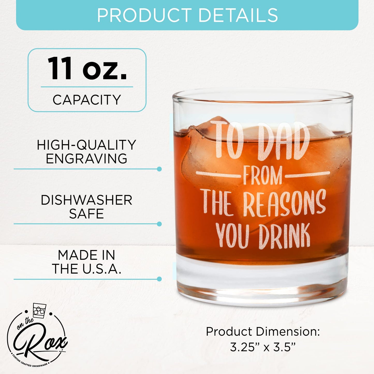 Whiskey Gifts for Dad- 11 Oz "Dad Reason" Engraved Whiskey Glass - Father's Day Gift, Dad Birthday Gifts From Daughter, Wife or Son - Dad Bourbon Glass - Old Fashion Glass - 6 Designs To Choose From