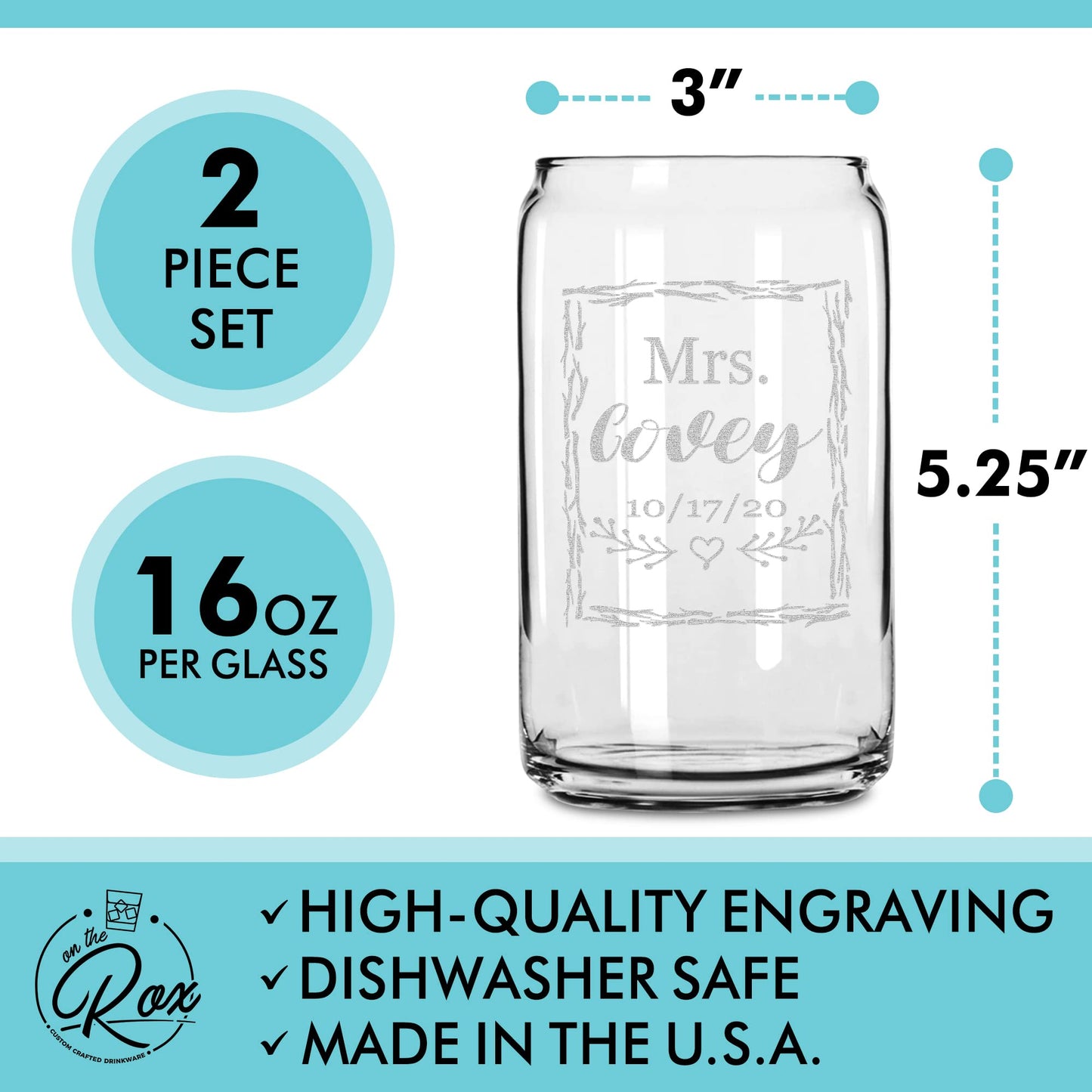 Two Custom Engraved Beer Can Glasses, For the Bride and Groom, Mr. And Mrs. Last Name Wedding Date Rustic Gift for Couple, His And Hers, Anniversary Present, Customized Glassware for Outdoor Reception