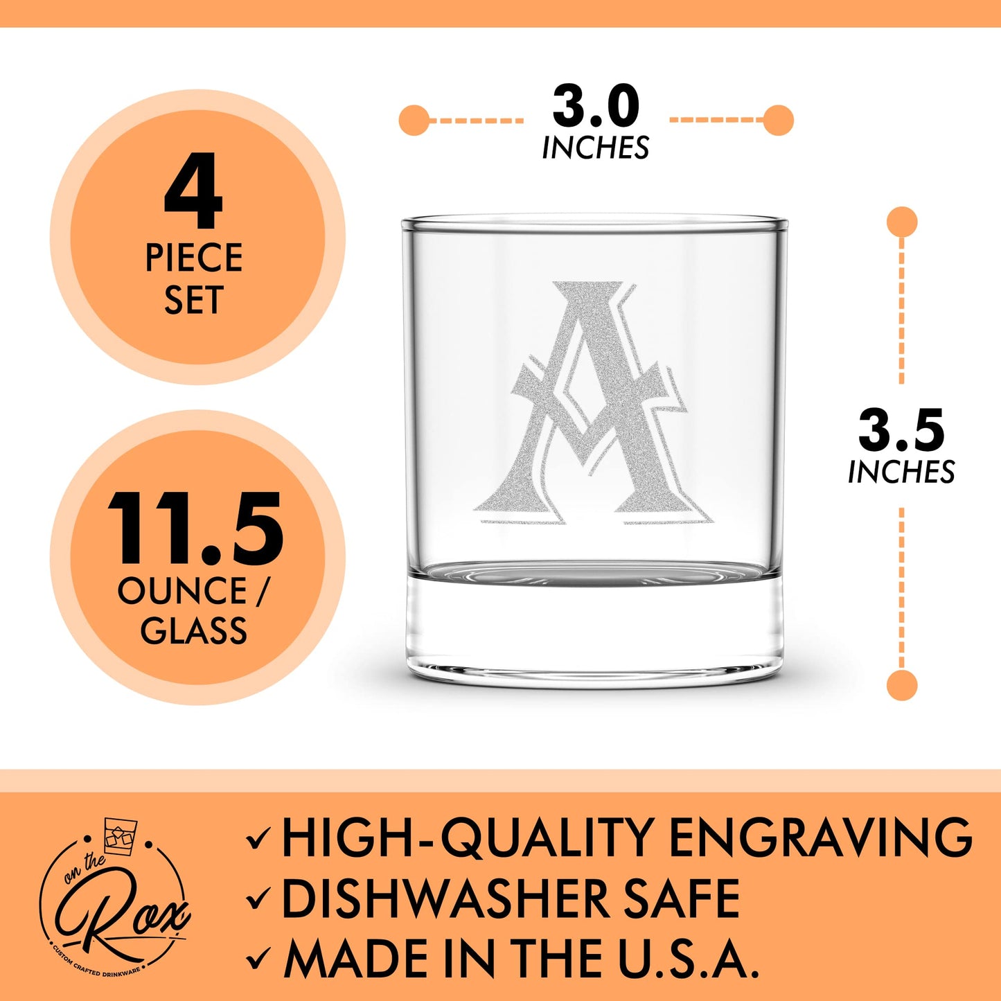 4 Piece Custom Engraved Set-Mix and Match Monogram Whiskey/Bourbon Glass Set- Choose Any Letter for Each Glass