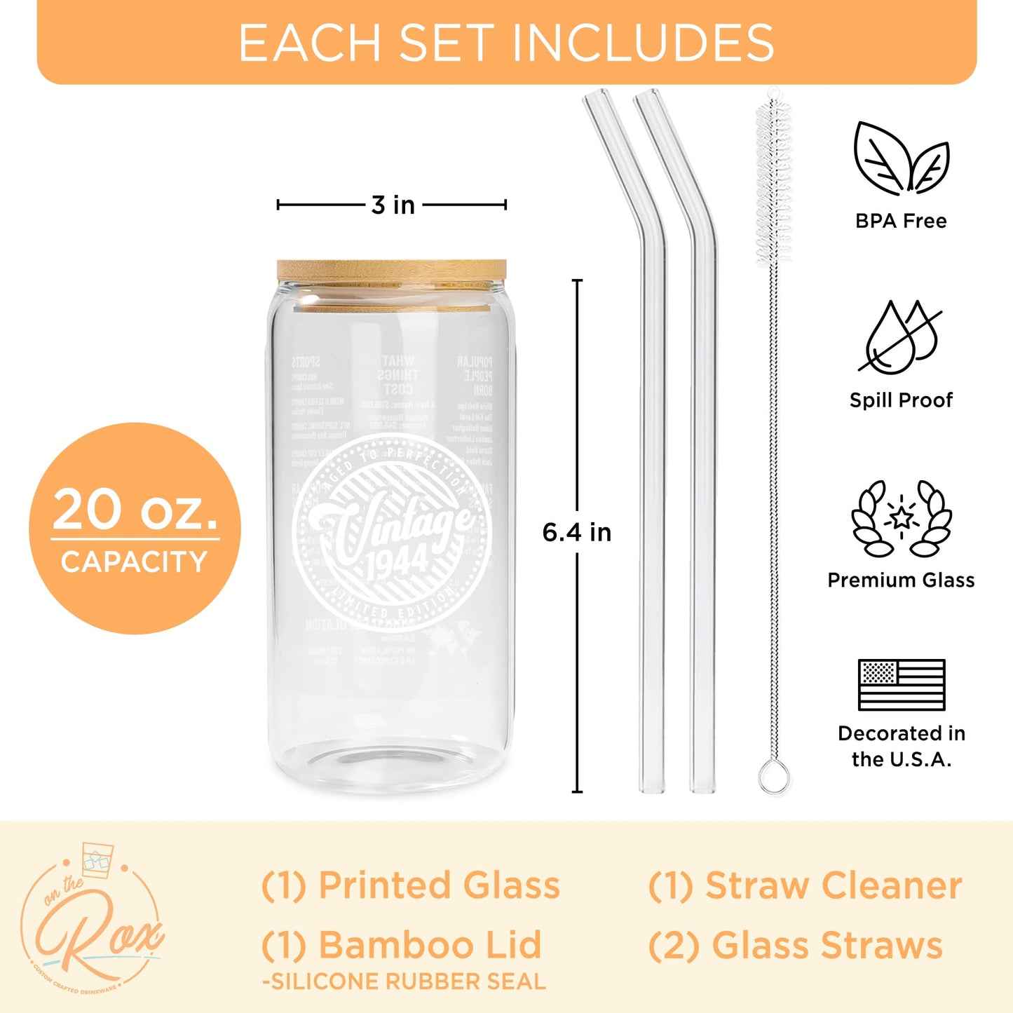 80th Birthday Gifts For Women - Vintage 1944 Soda Can Glass 20oz  w/ Bamboo Lid & Glass Straw Set - Aesthetic Birthday Gift