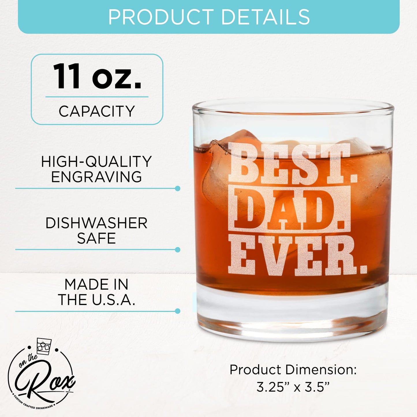 Whiskey Gifts for Dad- 11 Oz "Best Dad Ever" Engraved Whiskey Glass - Father's Day Gift, Dad Birthday Gifts From Daughter, Wife or Son - Bourbon Glass - Old Fashion Glass - 6 Designs To Choose From