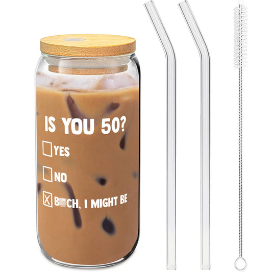 50th Birthday Gifts For Women - “Is You 50?” Soda Can Glass 20oz  w/ Bamboo Lid & Glass Straw Set