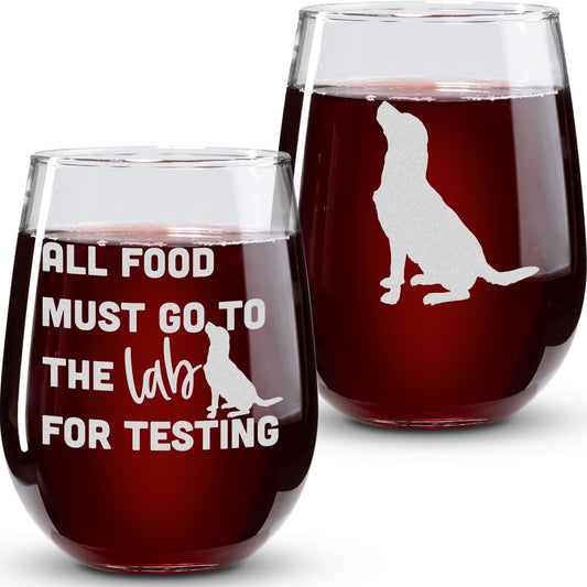 On The Rox Drinks Labrador Gifts for Labrador Lovers- All Food Must Go To The Lab For Testing Stemless Wine Glass Set of 2- Chocolate Lab Wine Glass - Dog Face, Black Labrador Gifts