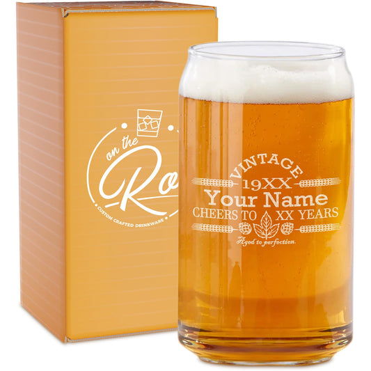 On The Rox Drinks Customized Beer Can Glass-Personalized-Birthday Beer Glass-Engraved-Vintage-Cheers-Aged To PERFECTION-Birthday Gift-Etched Beer Glass-Barware (1)