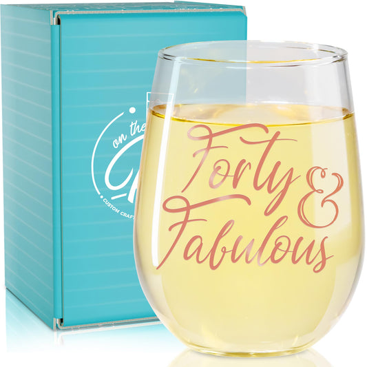 On The Rox Drinks 40th Birthday Gift for Women - 40 & Fabulous- 40 Year Old Wine Glass Birthday Gift- Rose Gold Print Ideal for Women - 17 oz