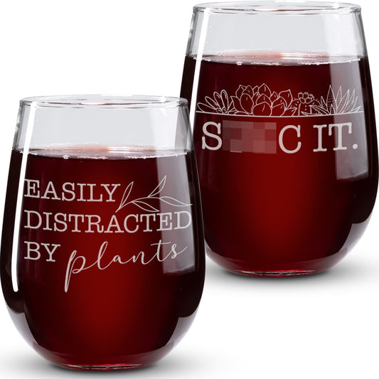 Plant Gifts for Plant Lovers - “Easily Distracted By Plants” “ Succ It” 2PC Wine Glass Set - Engraved