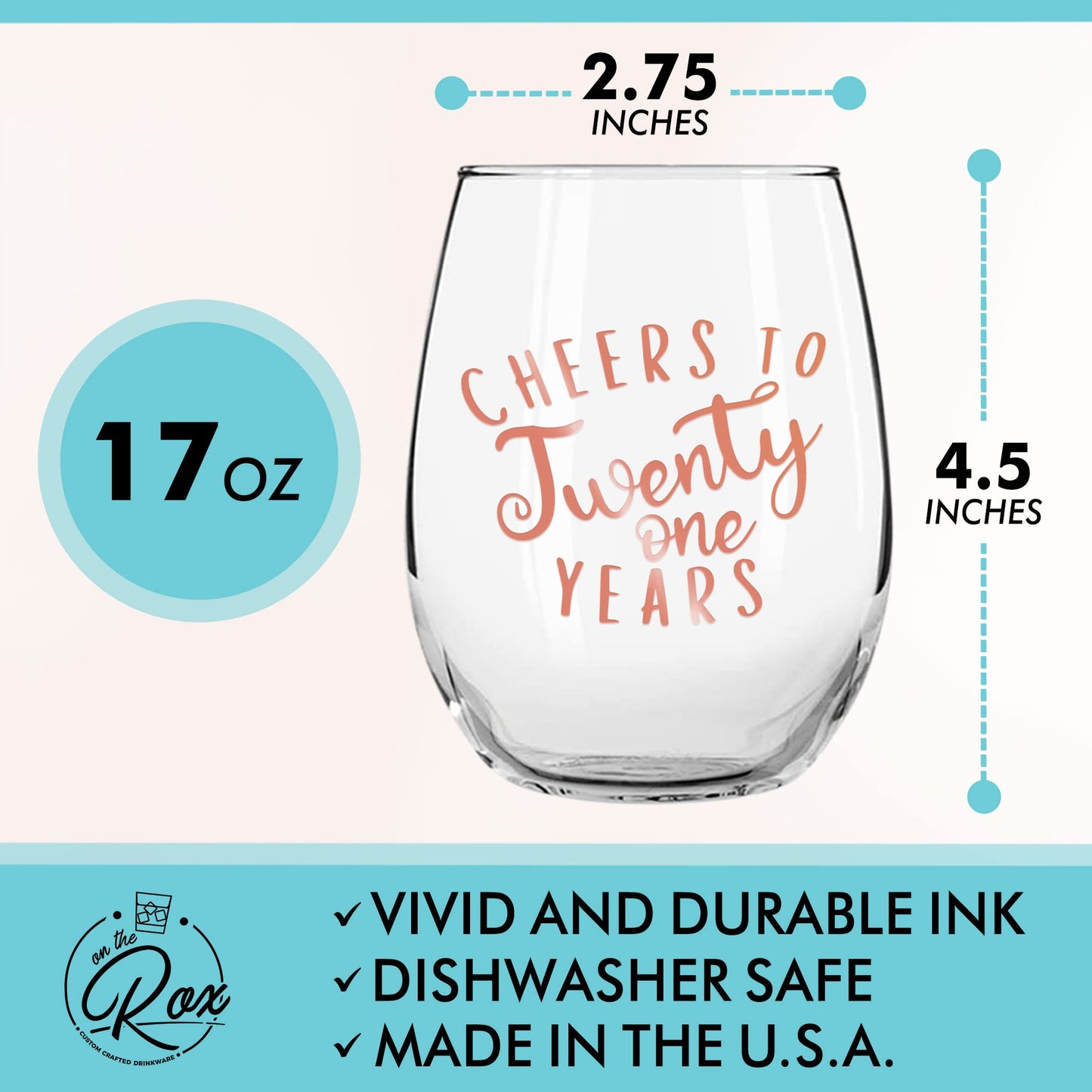On The Rox Drinks 21st Birthday Stemless Wine Glass Gifts for Women - Cheers to 21 Years