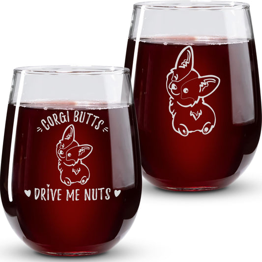 On The Rox Drinks Corgi Gifts for Corgi Lovers - Corgi B*tts Drive Me Nuts Stemless Wine Glass Set of 2 - Corgi Tumbler, Corgi Decor, Corgi Stuff - Corgi Wine Glass