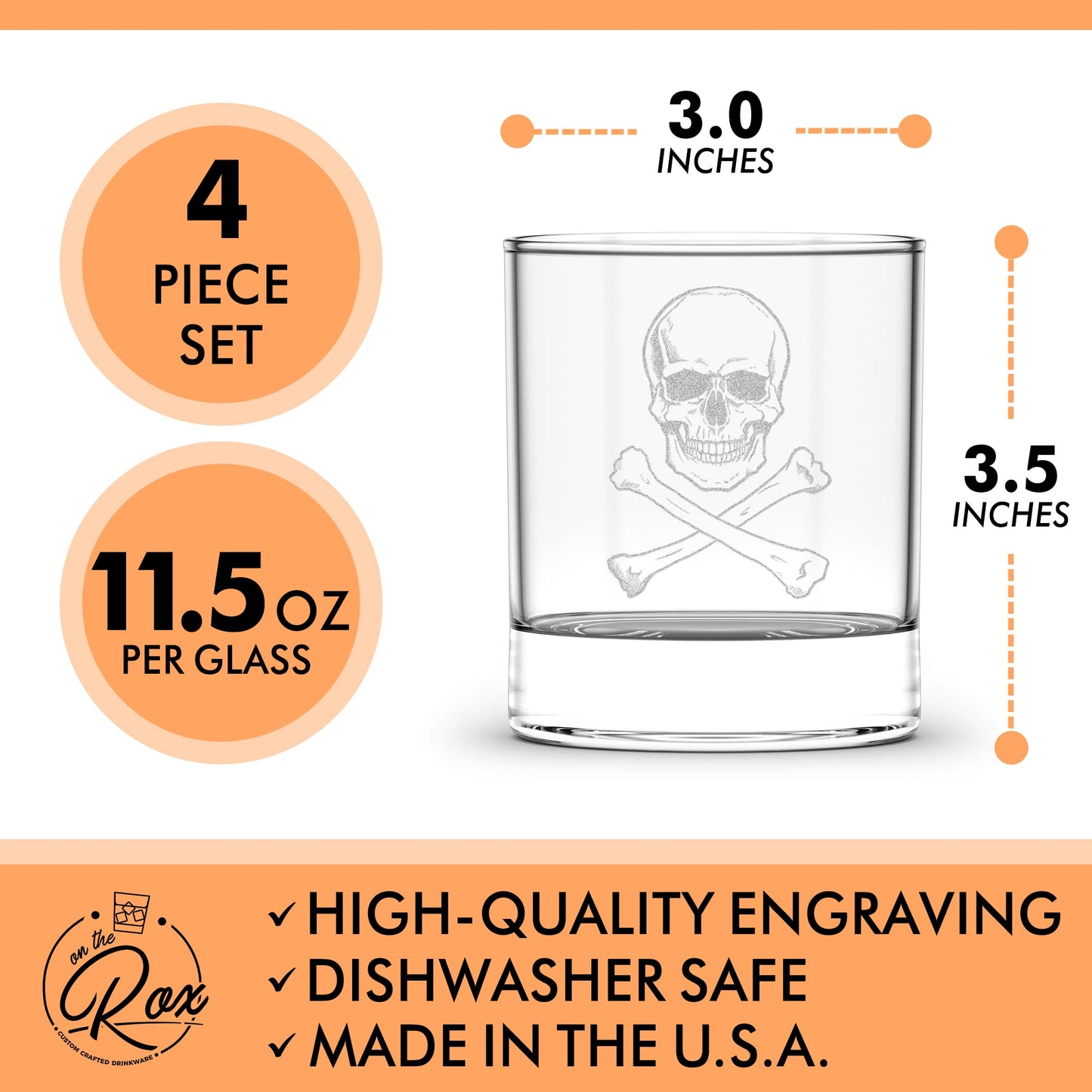On The Rox Drinks Halloween Whiskey Glass Gifts for Men - 4PC Skull Whiskey Glass Set - Halloween Cups, Halloween Tumbler, Drinking Glassware - Spooky Ghost Gifts