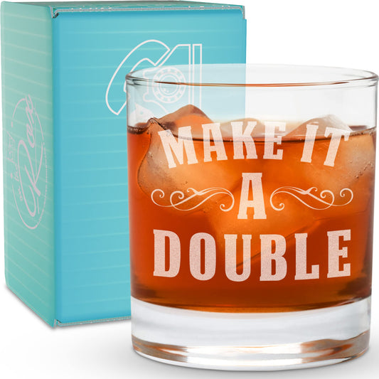 Whiskey Gifts for Dad- 11 Oz "Make it a Double" Engraved Whiskey Glass - Father's Day Gift, Dad Birthday Gifts From Daughter, Wife or Son - Bourbon Glass - Old Fashion Glass - 6 Designs To Choose From