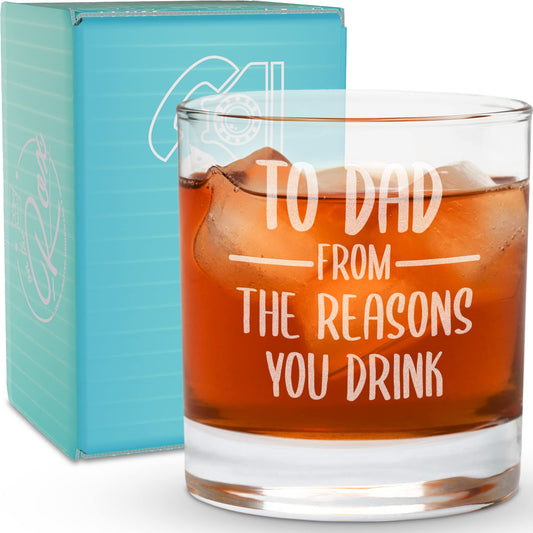 Whiskey Gifts for Dad- 11 Oz "Dad Reason" Engraved Whiskey Glass - Father's Day Gift, Dad Birthday Gifts From Daughter, Wife or Son - Dad Bourbon Glass - Old Fashion Glass - 6 Designs To Choose From