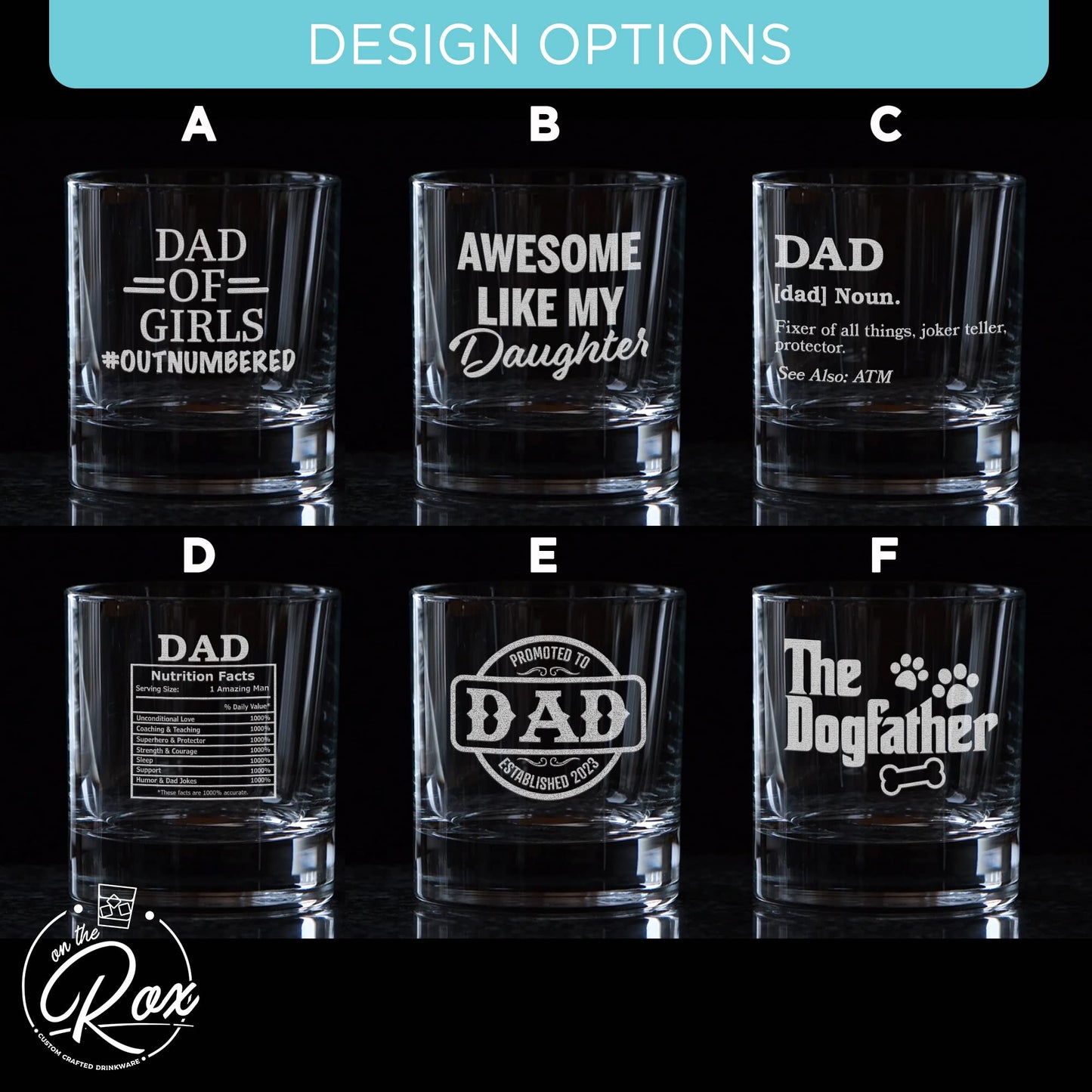 Whiskey Gifts for Dad- 11 Oz "Promoted to Dad" Engraved Whiskey Glass - Father's Day Gift, Dad Birthday Gifts From Daughter, Wife or Son - Bourbon Glass - Old Fashion Glass - 6 Designs To Choose From