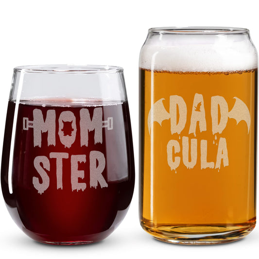 On The Rox Drinks Halloween Wine Glass Gifts for Mom and Dad -”DADcula and MOMster 2PC Wine Glass Set - Halloween Cups, Halloween Tumbler, Drinking Glassware - Spooky Ghost Gifts