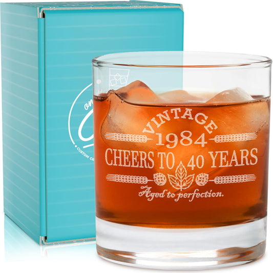 40th Birthday Gifts for Men - 11 oz Engraved Bourbon Glass - Vintage 1984 Cheers to 40 Years