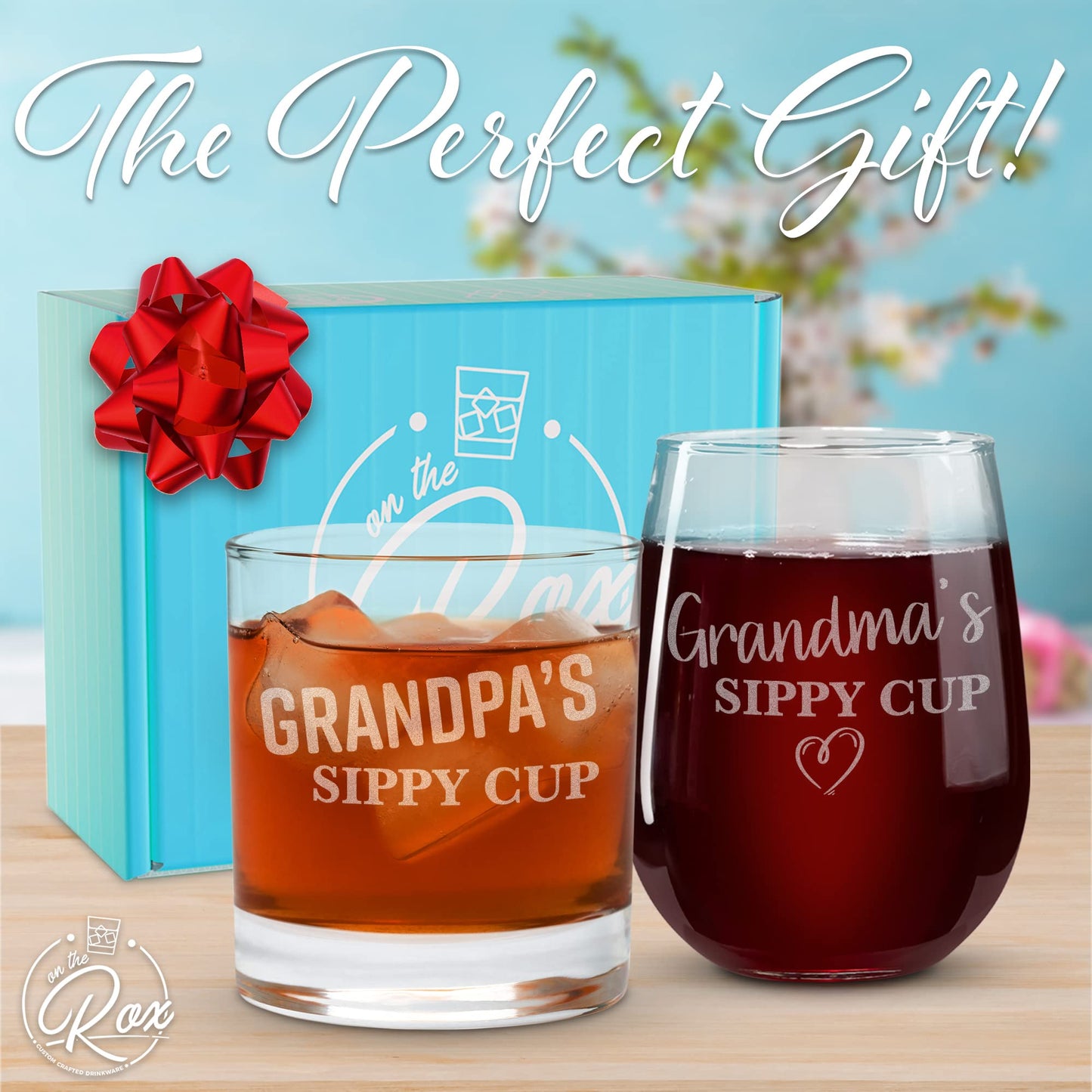 On The Rox Drinks Grandma and Grandpa Gifts -  17oz Grandma's and 11oz Grandpa's Sippy Cups, Set of 2- Gift Wine and Whiskey Glasses - Gift Ideas for First-Time Grandmother or New Grandparents