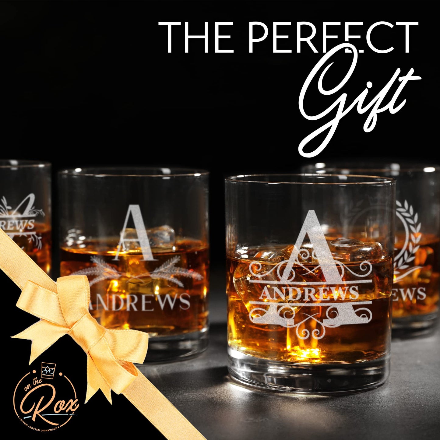 On The Rox Drinks Personalized Whiskey, Bourbon Glass Gifts for Men - 11 oz Engraved Name Monogram Scotch Glass Set of 4 - Customized Cocktail, Rocks, Brandy Glass
