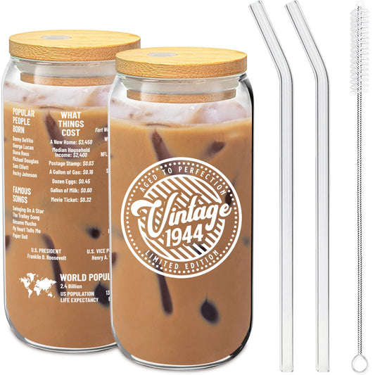 80th Birthday Gifts For Women - Vintage 1944 Soda Can Glass 20oz  w/ Bamboo Lid & Glass Straw Set - Aesthetic Birthday Gift