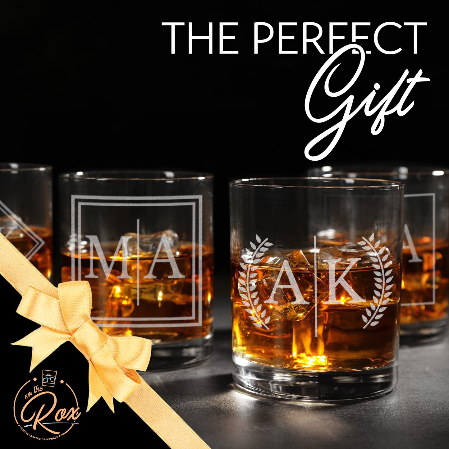 On The Rox Drinks Personalized Whiskey Gifts for Men - 11 oz Engraved Split Monogrammed Whiskey Glass Set of 4 - Customized Cocktail Glass - Bourbon, Scotch, Rocks, Brandy