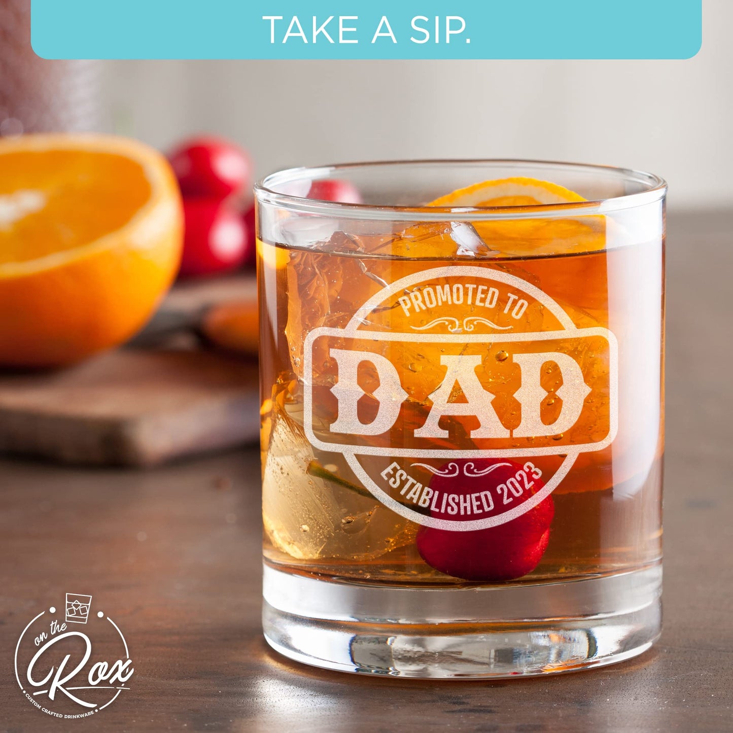 Whiskey Gifts for Dad- 11 Oz "Promoted to Dad" Engraved Whiskey Glass - Father's Day Gift, Dad Birthday Gifts From Daughter, Wife or Son - Bourbon Glass - Old Fashion Glass - 6 Designs To Choose From