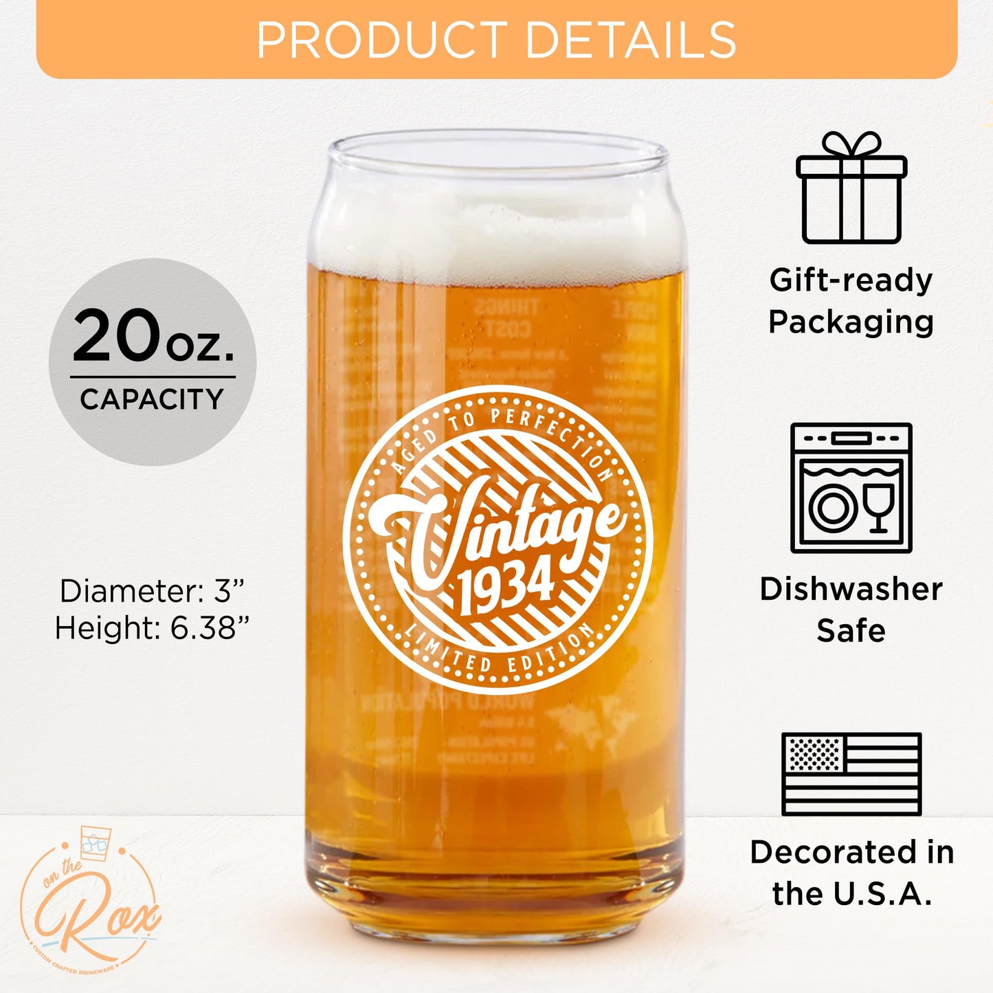 90th Birthday Gifts For Men & Women - Vintage 1934 20 Oz Double-Sided Beer Can Glass (1 Count) - Beer Can Glass Gift for a 90 Year Old Dad, Grandpa - Funny Glass Gift for His or Her 90th Birthday