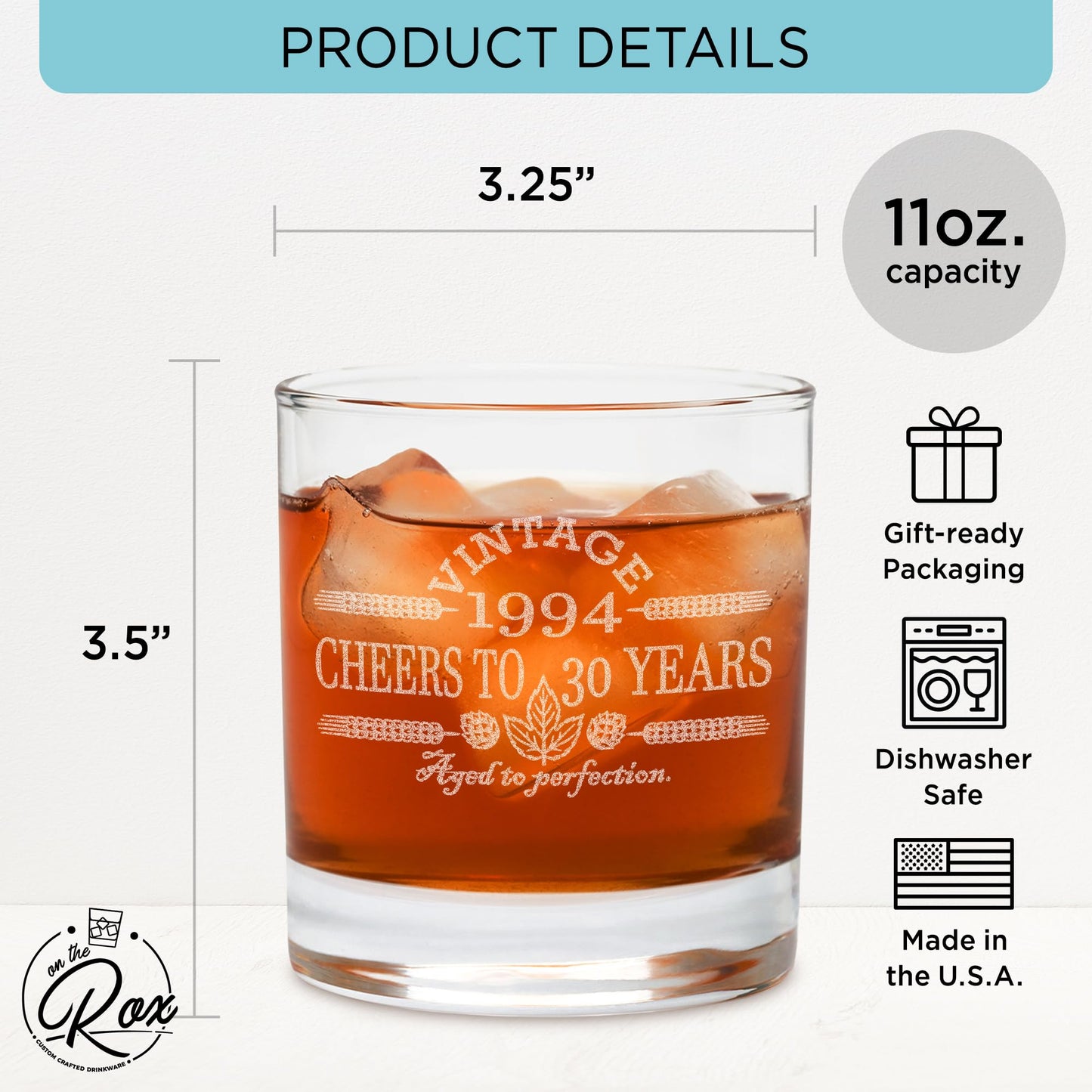 30th Birthday Gifts for Him - 11 oz Engraved Bourbon Glass - Vintage 1994 Cheers to 30 Year Old Birthday Gift for Men