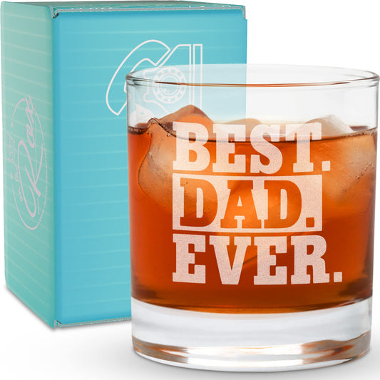Whiskey Gifts for Dad- 11 Oz "Best Dad Ever" Engraved Whiskey Glass - Father's Day Gift, Dad Birthday Gifts From Daughter, Wife or Son - Bourbon Glass - Old Fashion Glass - 6 Designs To Choose From