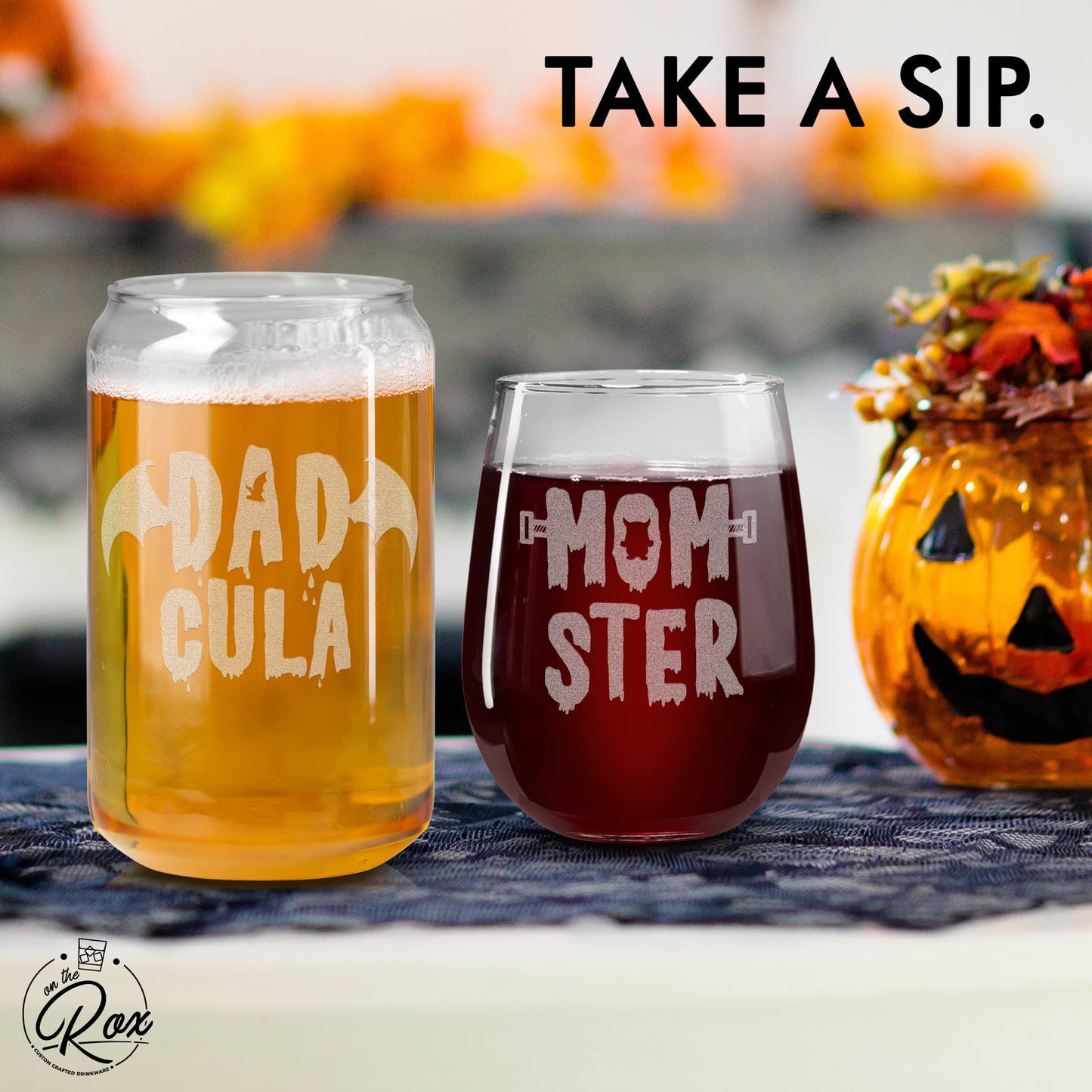 On The Rox Drinks Halloween Wine Glass Gifts for Mom and Dad -”DADcula and MOMster 2PC Wine Glass Set - Halloween Cups, Halloween Tumbler, Drinking Glassware - Spooky Ghost Gifts