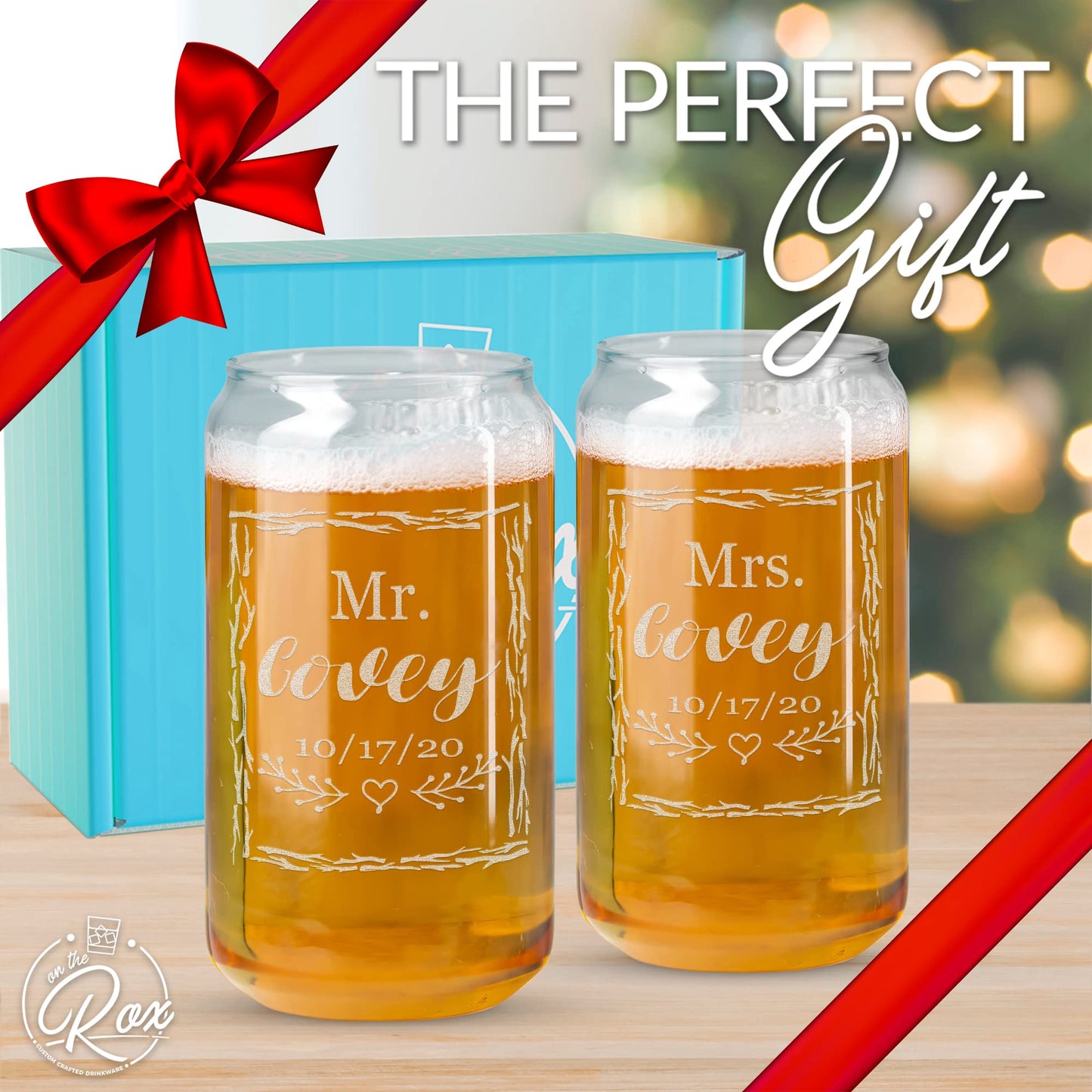 Two Custom Engraved Beer Can Glasses, For the Bride and Groom, Mr. And Mrs. Last Name Wedding Date Rustic Gift for Couple, His And Hers, Anniversary Present, Customized Glassware for Outdoor Reception
