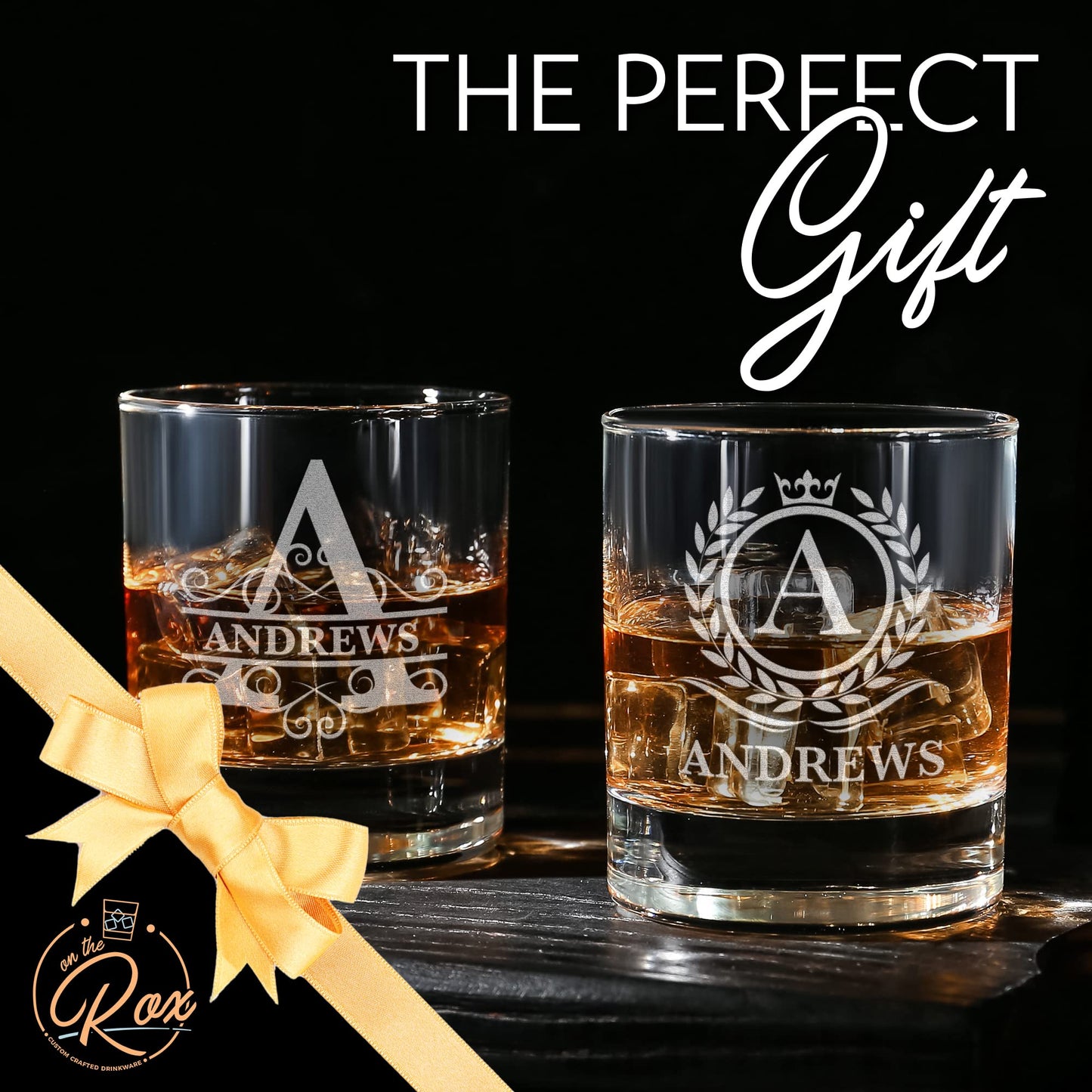 On The Rox Drinks Personalized Whiskey, Bourbon Glass Gifts for Men - 11 oz Engraved Name Monogram Scotch Glass Set of 2 - Customized Cocktail, Rocks, Brandy Glass